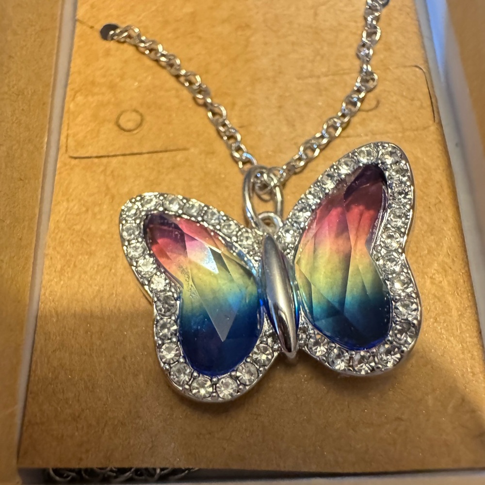 Colorful Silver Butterfly necklace with Shimmering stones